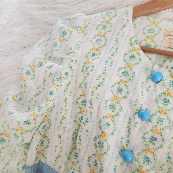 70s Vtg Handmade Maxi Prairie Dress Roses Floral Seersucker cottagecore - Picture 9 of 16